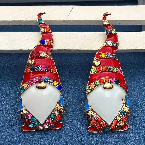 Santa Gnome Playful Multi-Color Crystal & Enamel Stud Earrings - Picture 2 of 4